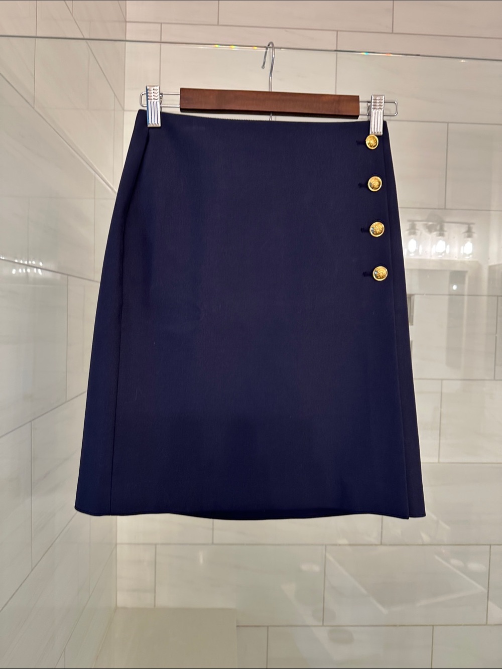 Aritzia Navy Pencil Skirt with Gold Accent Buttons
